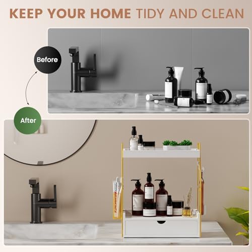 2 Tier Bathroom Counter Organizer with Drawer & Basket, Wooden Vanity Tray Countertop Shelf Accessories for Makeup Storage, Coffee Bar Station, Perfume Skincare, Kitchen, Bedroom (White) - Image 4
