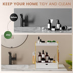 2 Tier Bathroom Counter Organizer with Drawer & Basket, Wooden Vanity Tray Countertop Shelf Accessories for Makeup Storage, Coffee Bar Station, Perfume Skincare, Kitchen, Bedroom (White) - Image 4