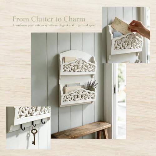 Rustic Key and Mail Holder, 2 Slot Wall Organizer with 3 Key Hooks - Image 6