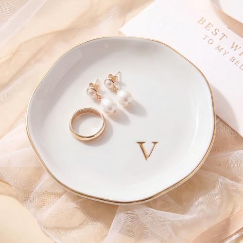 Ceramic Jewelry Tray, White Initial V Personalized Jewelry Dish by GIVITASOT