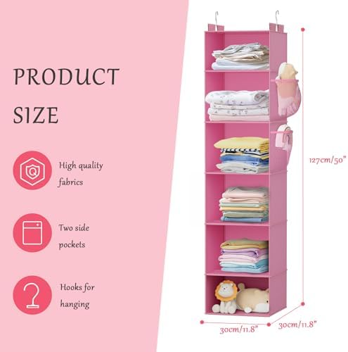 Hanging Closet Organizer and Storage with Bamboo Support, 6-Shelf Closet Hanging Storage Shelves, Closet Organizers Easy Mount Foldable for Bedroom (Pink) - Image 2