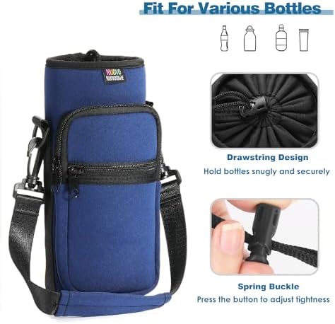 Nuovoware Water Bottle Carrier Bag, 40oz Neoprene Bottle Pouch Holder with Adjustable Shoulder and Hand Strap, 2 Pocket Sling Sleeve for Hiking Travelling Camping Jogging Cycling, Indigo Dark - Image 5