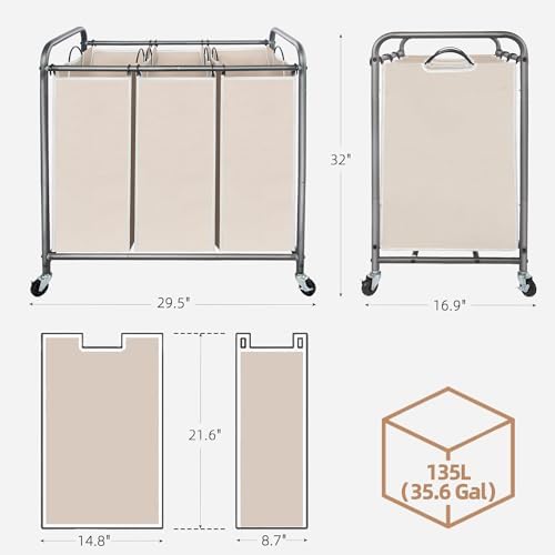 STORAGE MANIAC 3 Section Laundry Sorter, 35.6 Gal (135 L) Laundry Hamper Cart with Heavy Duty Rolling Lockable Wheels and Removable Bags, Clothes Organizer Basket Separator Hamper, Beige - Image 3