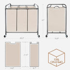 STORAGE MANIAC 3 Section Laundry Sorter, 35.6 Gal (135 L) Laundry Hamper Cart with Heavy Duty Rolling Lockable Wheels and Removable Bags, Clothes Organizer Basket Separator Hamper, Beige - Image 3