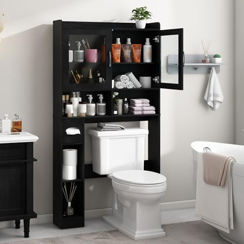 Vabches Over-The-Toilet Storage Cabinet with 2 Acrylic Waves Doors, Black. - Image 7