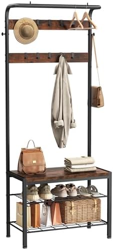 NEWBULIG Coat Rack, Hall Tree with Shoe Bench, 4-in-1 Entryway Organizer with 10 Hooks and Storage Shelf, Rustic Wood Entryway Bench for Mudroom, Living Room, Bedroom, Brown - Image 2