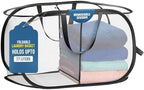 Foldable Laundry Basket - Popup and Collapsible, Durable Mesh Material, Folds for Storage, Easy Carry Handles - Great Hamper for College Dorm, Laundry Room or Travel (White-Black, 2-Compartments) by Handy+Laundry