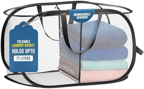 Foldable Laundry Basket - Popup and Collapsible, Durable Mesh Material, Folds for Storage, Easy Carry Handles - Great Hamper for College Dorm, Laundry Room or Travel (White-Black, 2-Compartments) by Handy+Laundry