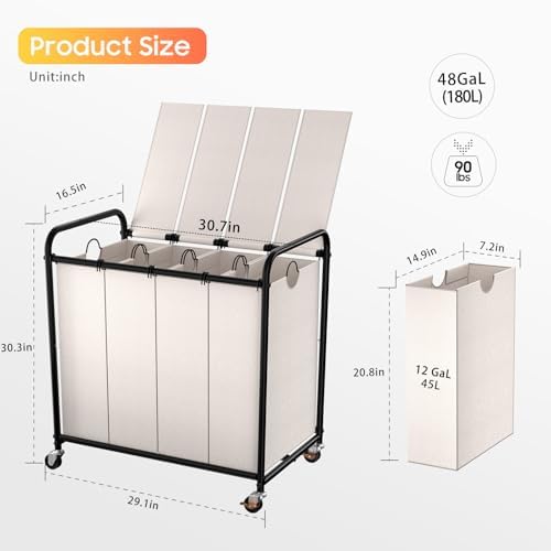 Laundry Sorter 4 Sections 48 Gal, Rolling Laundry Basket with Wheels ＆ Lid - Image 2