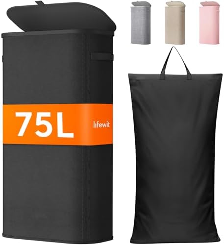 Lifewit Slim Laundry Basket with Lid and Removable Bag, 75L, Black by Lifewit