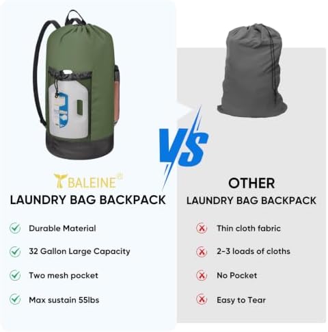 BALEINE 120L Laundry Bag Backpack, 900D Oxford Fabric Large Travel Laundry Bags with Shoulder Straps and 2 Mesh Pockets for College Dorm, Apartment, Laundromat (Green, 120L) - Image 6