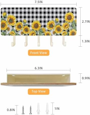Sunflower Key Holder Wall Mount,Black White Check Country Yellow Floral White Hanging Mail Organizer with 5 Key Hooks Wall Decorative,Adhesive Key Rack with Shelf for Hallway Kitchen Entryway Decor - Image 3