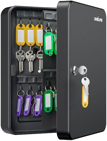 Uniclife 60 Position Key Cabinet with Key Lock Wall Mounted Black Security Storage Box Steel Key Organizer with Colorful Key Tag Labels Stickers and Hooks by UnicLife