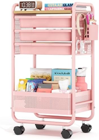 KINGRACK 3 Tier Rolling Cart with Drawer, Metal Utility Storage Cart, Pink | 3 Drawers, Pegboard & Wood Tabletop, Lockable Wheels, 4 Hooks & 1 Bin, for Living Room,Bedroom,Craft Room,Office,Kids Room by KINGRACK