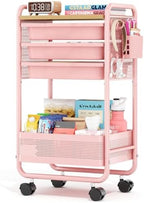 KINGRACK 3 Tier Rolling Cart with Drawer, Metal Utility Storage Cart, Pink | 3 Drawers, Pegboard & Wood Tabletop, Lockable Wheels, 4 Hooks & 1 Bin, for Living Room,Bedroom,Craft Room,Office,Kids Room by KINGRACK