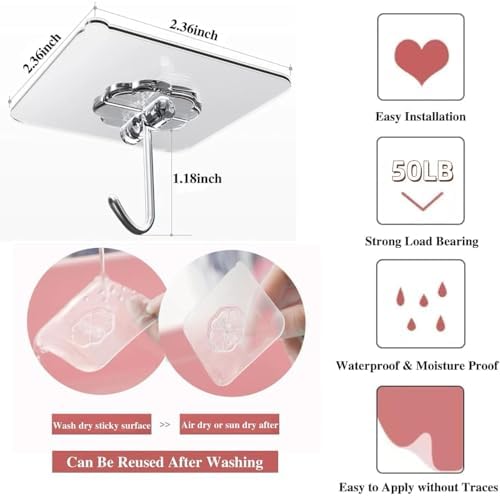 DDMY Adhesive Wall Hooks Clear 50lb(Max) Heavy Duty Hanging Sticky-10 Pack - Image 2