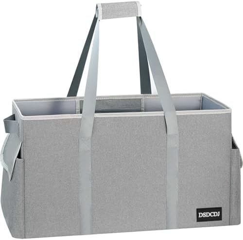 Standing Extra Large Utility Tote Bag with Hard Bottom & Hard Sides, Heavy Duty Reusable Grocery Bags with Handles & 3 Pockets for Shopping, Beach, Picnics, Car (22.5"x11"x12", Grey) by DSDCDJ