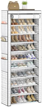OYREL Shoe Rack Dustproof Sturdy 10Tier Tall Large Storage with Side Pocket by OYREL