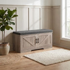 HOMSHO Farmhouse Shoe Storage Bench with 2 Barn Doors & Padded Seat Cushion by HOMSHO