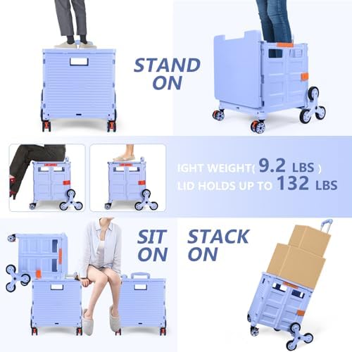Foldable Utility Cart Folding Portable Rolling Crate with Magnetic Extended Lid,360°Rotate Wheels,176LBS Load Capacity,Heavy Duty Durable Dolly Cart(Blue) - Image 3