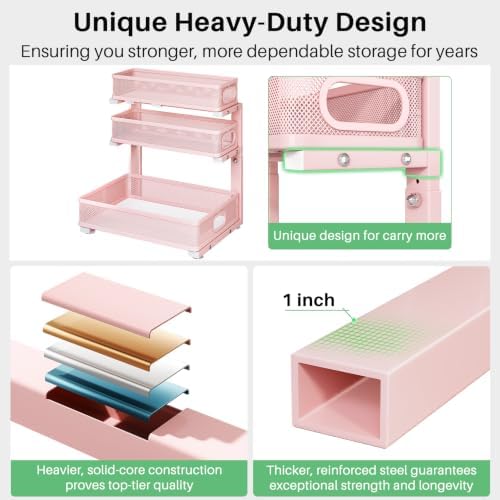 Kitstorack Under Sink Organizer, 1-Pack 3-Tier Height Adjustable Thickened Metal Pull out Cabinet Organizer Shelf, Slide out Storage Drawer Rack for Bathroom Kitchen Pantry Home Organization, Pink - Image 6