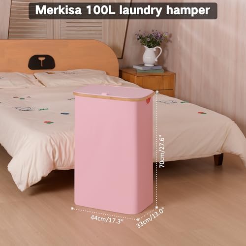 100L Laundry Hamper with Lid, Lagre Basket with Bamboo Handles,Foldable Clothes Hamper Tall Dirty Laundry Basket for Clothes Toys Towels Organizing,Pink - Image 2