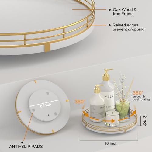 Oroyutor 10-Inch White Wooden Lazy Susan Spice Organizer with Gold Rail - Image 5