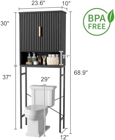 Over The Toilet Storage Cabinet with Fluted Doors and Adjustable Shelf, Tall Bathroom Organizer with Metal Stand Space Saver Over Toilet , Wood Rack for Bathroom, Restroom, Laundry, Natural Black - Image 2
