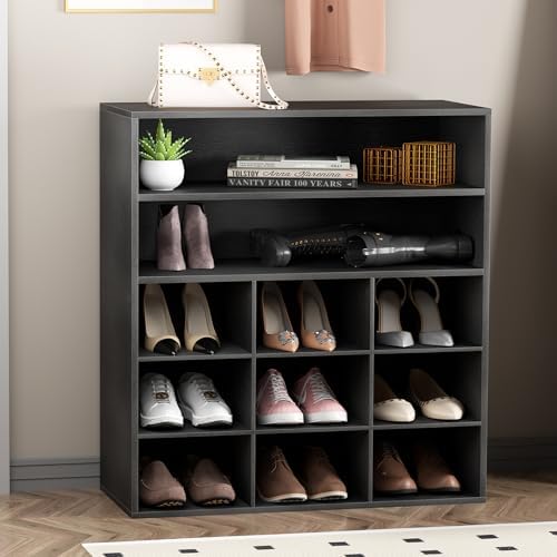 Garden 4 you Shoe Rack Organizer, 5-Tier Wood Cubby Shoe Rack with 2 Storage Shelf and 9 Cubbies, Shoe Organizer Cabinet for Entryway, Hallway, Closet and Garage,Black by Garden4you