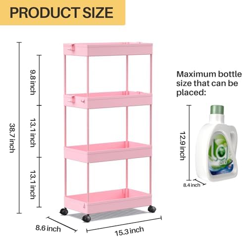 SPACEKEEPER 4 Tier Rolling Cart, Bathroom Cart Organizer with Wheels, Pink - Image 4