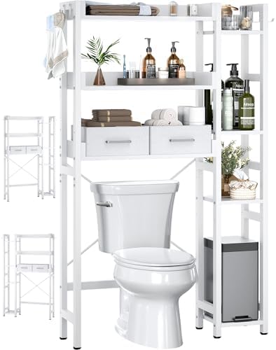Besiost Over The Toilet Storage, 7 Tier Bathroom Organizer with Reversible Side Shelf and 2 Fabric Drawers, Adjustable Freestanding Rack Space Saver for Small Spaces, White by Besiost