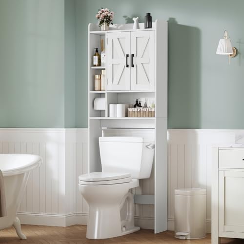 TEENFON Over The Toilet Storage Cabinet with 4 Open Shelves and Adjustable Shelf, Extra Tall Bathroom Organizer Unit with 2 Barn Doors, Home Space Saver for Bathroom, Laundry Room, White - Image 2