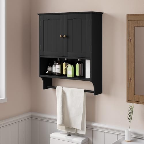 Smuxee Black Bathroom Cabinet Wall Mounted with Towels Bar, Medicine Cabinet with 2 Door Adjustable Shelves, Over Toilet Cabinet for Bathroom Laundry Room Kitchen - Image 2