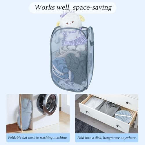Upgraded 100L Extra Large Collapsible Laundry Baskets, 2 Pack XL Mesh Pop Up Laundry Hamper with Handles, Portable Travel Laundry Basket, Foldable Hamper. Grey. 2V - Image 5