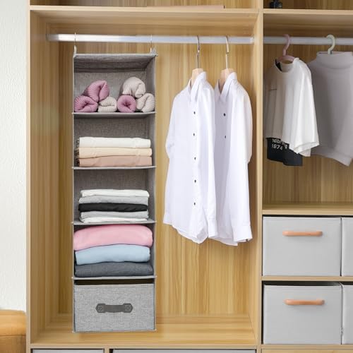 Large Hanging Sweater Organizer, Grey, 5 Shelf-1 d | Collapsible, 5-Shelf Hanging Closet Shelves, With Drawers, Washable - Image 3