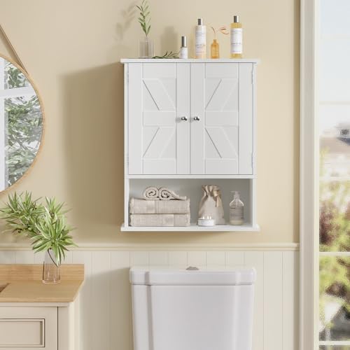 TEENFON Bathroom Wall Cabinet, Over The Toilet Space Saver Storage with Barn Doors & Adjustable Shelf, Hanging Medicine Cabinet, White 7.1" D x 15.4" W x 19.3" H - Image 2