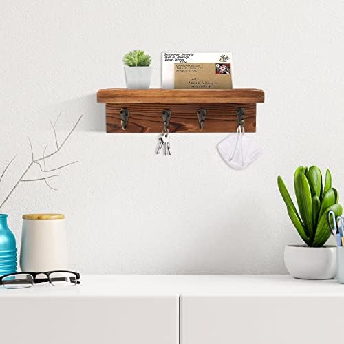 HRONRAD Rustic Key Holder for Wall, Farmhouse Wall Shelf with 4 Hooks, Wall Mounted Key Racks, Wooden Mail Organizer with Hooks for Entryway (Brown - Pine) - Image 2