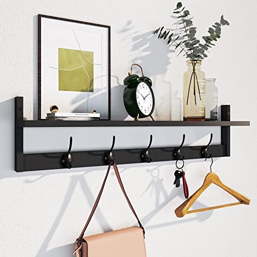 AMBIRD Wall Hooks with Shelf Entryway Hanging Wood Coat Hooks with Shelf Wall-Mounted Coat Hook Rack with 5 Dual Hooks for Bathroom, Living Room, Bedroom (Stylish Black) by AMBIRD
