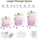Rolling Cart with 4 Drawers, Plastic Drawer Storage Carts with Wheels & Wooden Tabletop, Metal Utility Cart with Pegboards, Office Living Room Classroom Craft Organization and Storage, Bright Pink - Image 3