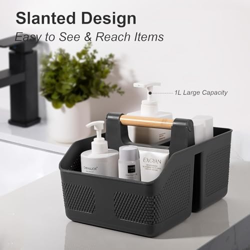 Plastic Shower Caddy Portable Shower Basket with Bamboo Handle, Dark Gray - Image 3