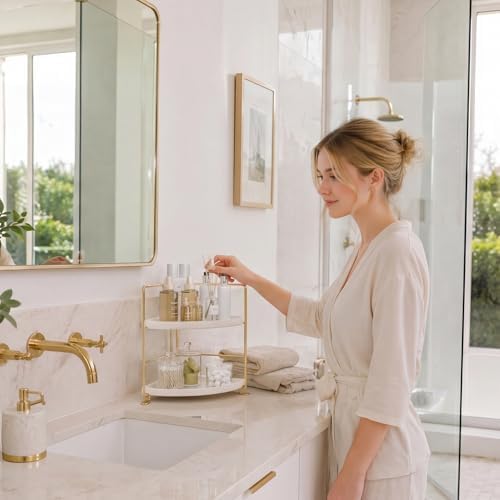 FSyueyun 2-Tier Corner Bathroom Counter Organizer, Vanity Tray, Gold - Image 5