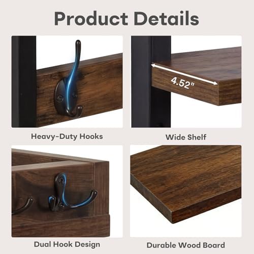 Wall Coat Rack with Shelf & Mail Organizer, Entryway Rustic Brown - Image 5