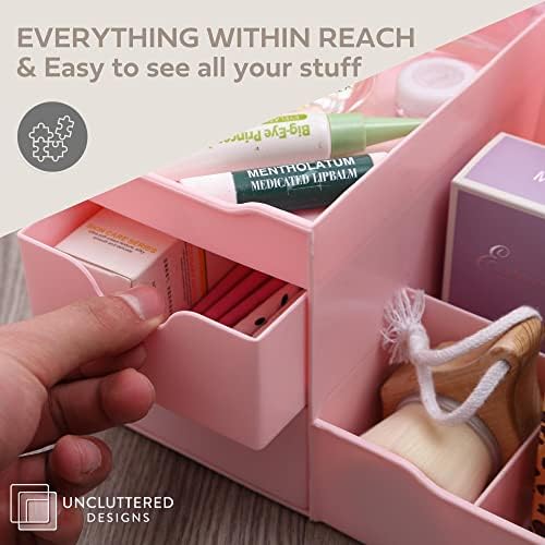 Uncluttered Designs Makeup Organizer With Drawers - Cute Kawaii Countertop Storage for Cosmetics, Pretty Vanity Holder for Perfume, Skincare, Brush, Lipstick, Nail Polish and other Accessories (Pink) - Image 5