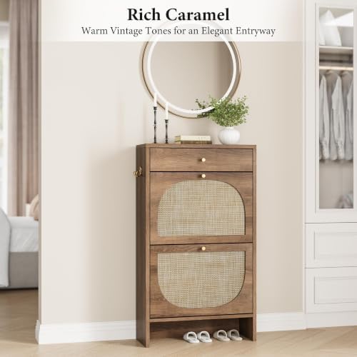 Nicetree Shoe Cabinet for Entryway, Slim Shoe Rack with 2 Flip Drawers and Top Storage Drawer, Narrow Shoe Organizer with Printed Rattan-Look Design, Entryway Shoe Storage for Size 12+ Shoes, Caramel - Image 3