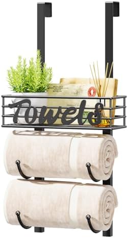 HapiRm Towel Racks for Bathroom Storage - 3 Tier Over The Door & Wall Mount Rolled Towel Storage Organizer Holder with Metal Shelf Basket for Small Bathroom, Camper, Rv - Black, Patented by HapiRm