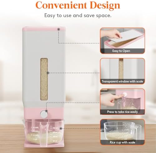 Lifewit Rice Dispenser 25 Lbs, Airtight Storage with Measuring Cup, Pink - Image 4