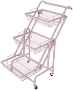 3 Tier Foldable Rolling Cart, Metal Rolling Utility Cart Adjustable Movable Storage Organizer with Wheels for Living Room, Kitchen, Bathroom Bedroom and Office, Pink (Pink) - Image 5