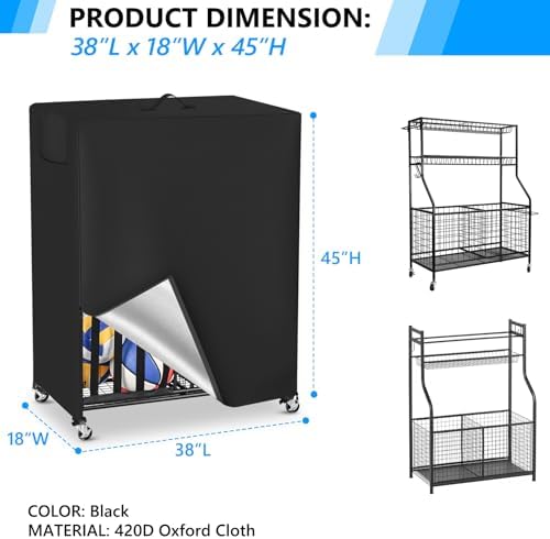Basketball Rack Cover Garage Sports Equipment Organizer Cover for Ball Storage Rack Waterproof & Dustproof Sports Organizer Bag 38" L x 18" W x 45" H Black - Image 2