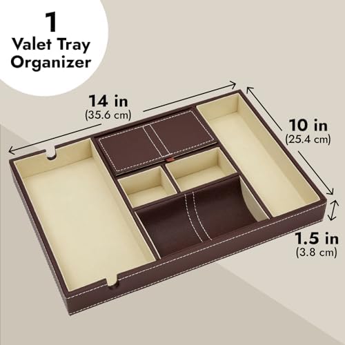 Juvale Rectangular Catchall Tray - 6-Compartment Nightstand Organizer - Polished Key Bowl - Portable Drawer Organizer - Brown Faux Leather - Image 4