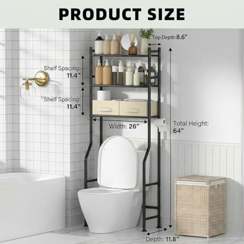 GloTika 3-Tier Over Toilet Storage, Anti-Tilt, 64" H, Black, 2 Baskets - Image 2